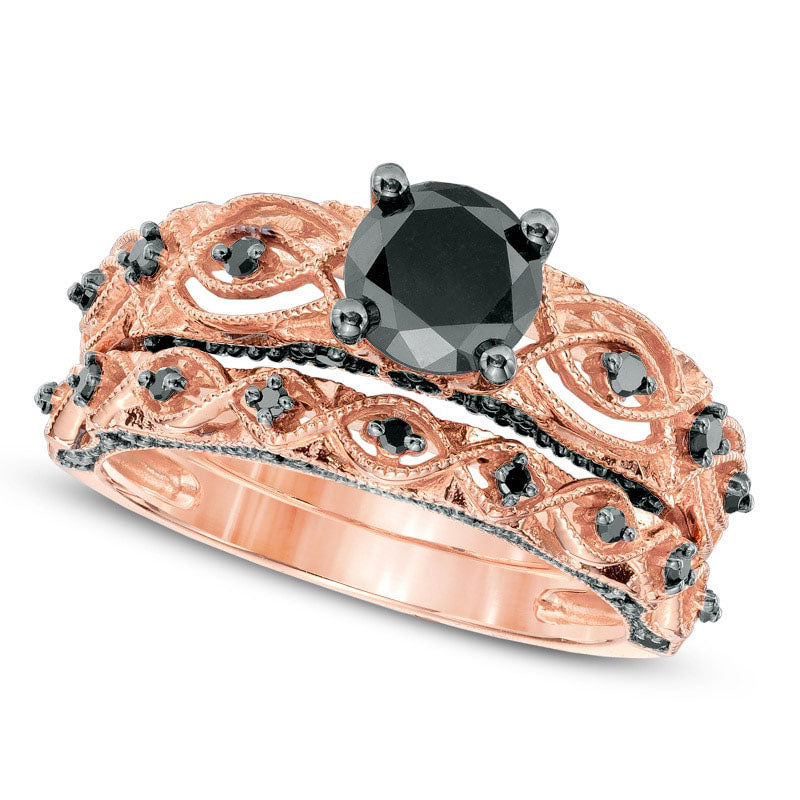 Image of ID 1 138 CT TW Enhanced Black Natural Diamond Antique Vintage-Style Bridal Engagement Ring Set in Solid 10K Rose Gold