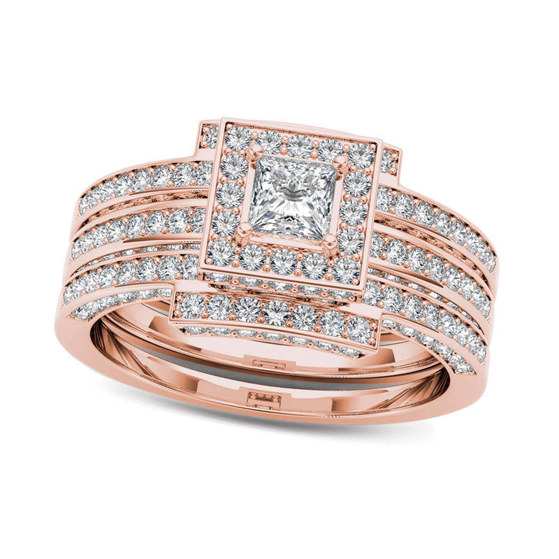 Image of ID 1 138 CT TW Princess-Cut Natural Diamond Frame Three Piece Bridal Engagement Ring Set in Solid 14K Rose Gold