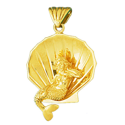 Image of ID 1 14K Gold 3D Mermaid Sitting In Seashell Pendant