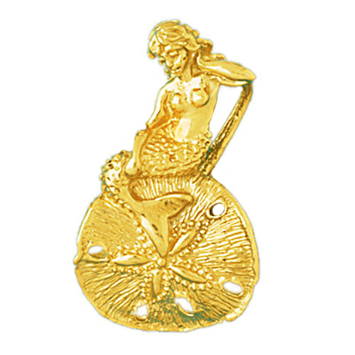 Image of ID 1 14K Gold 3D Mermaid Sitting On Sand Dollar Pendant