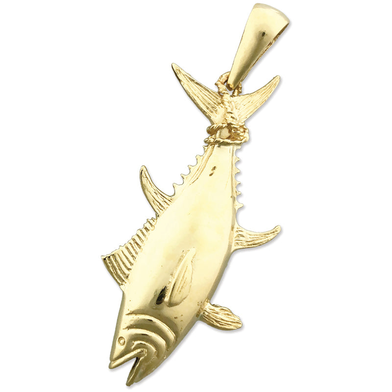 Image of ID 1 14K Gold 3D Tuna Pendant with Fin Tied To Rope