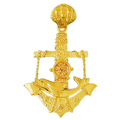Image of ID 1 14K Gold Dolphin Anchor & Moveable Wheel Pendant