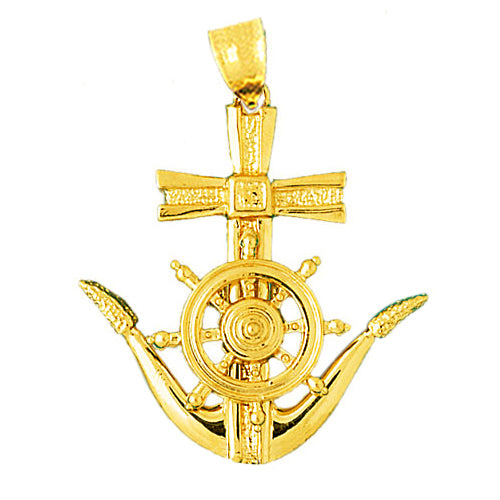 Image of ID 1 14K Gold Ship Wheel and Anchor Nautical Pendant