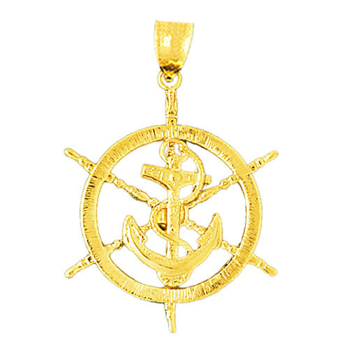 Image of ID 1 14K Gold Ship Wheel with Anchor Pendant