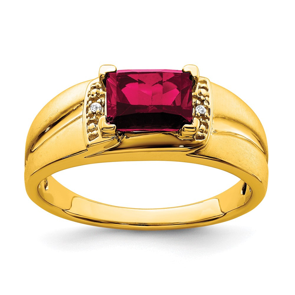 Image of ID 1 14K Yellow Gold Emerald-cut Created Ruby and Real Diamond Mens Ring