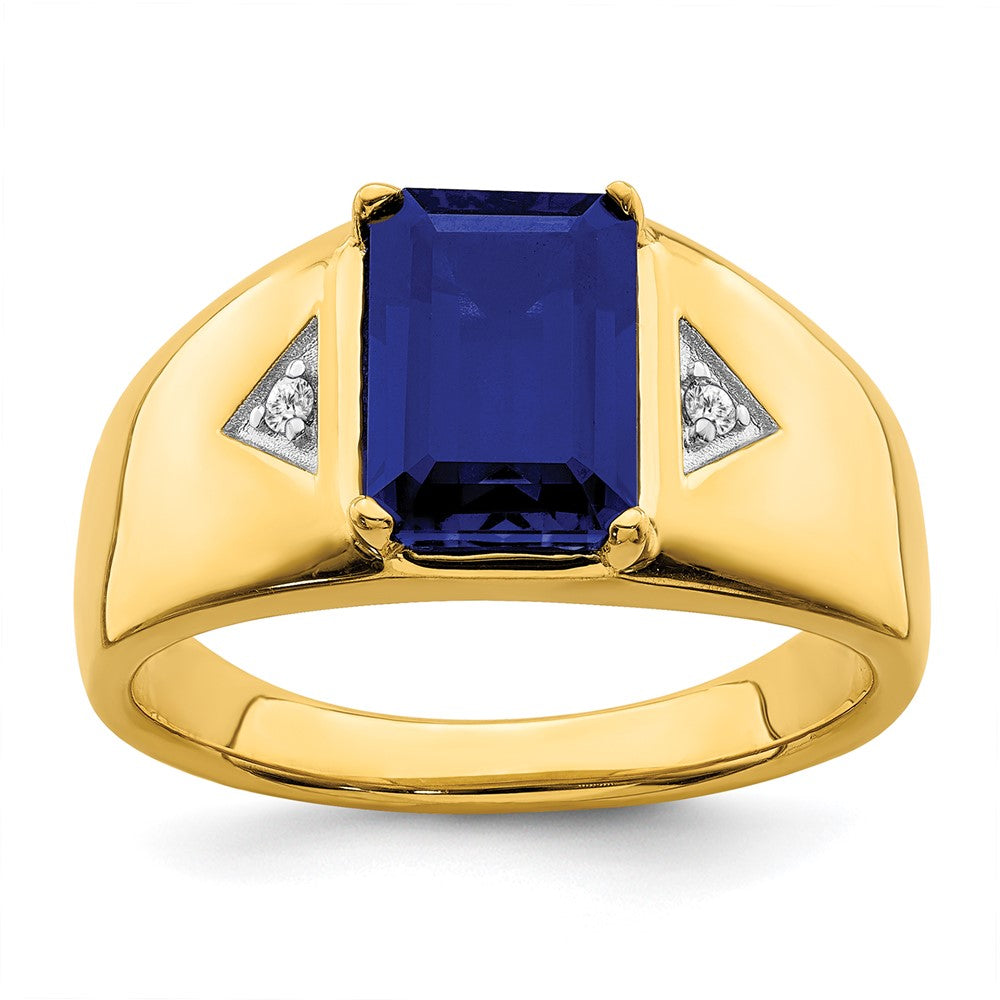 Image of ID 1 14K Yellow Gold Emerald-cut Created Sapphire and Real Diamond Polished Mens Ring