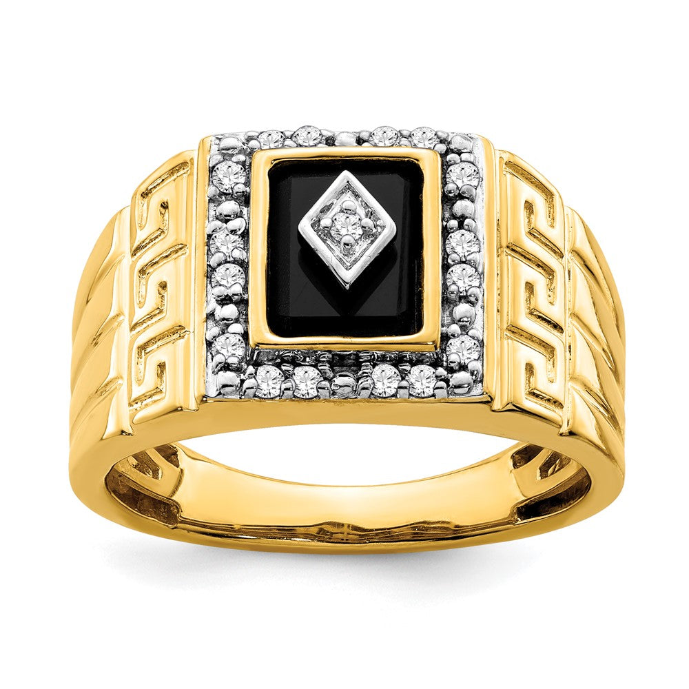 Image of ID 1 14K Yellow Gold Onyx and Real Diamond Greek Key Design Mens Ring
