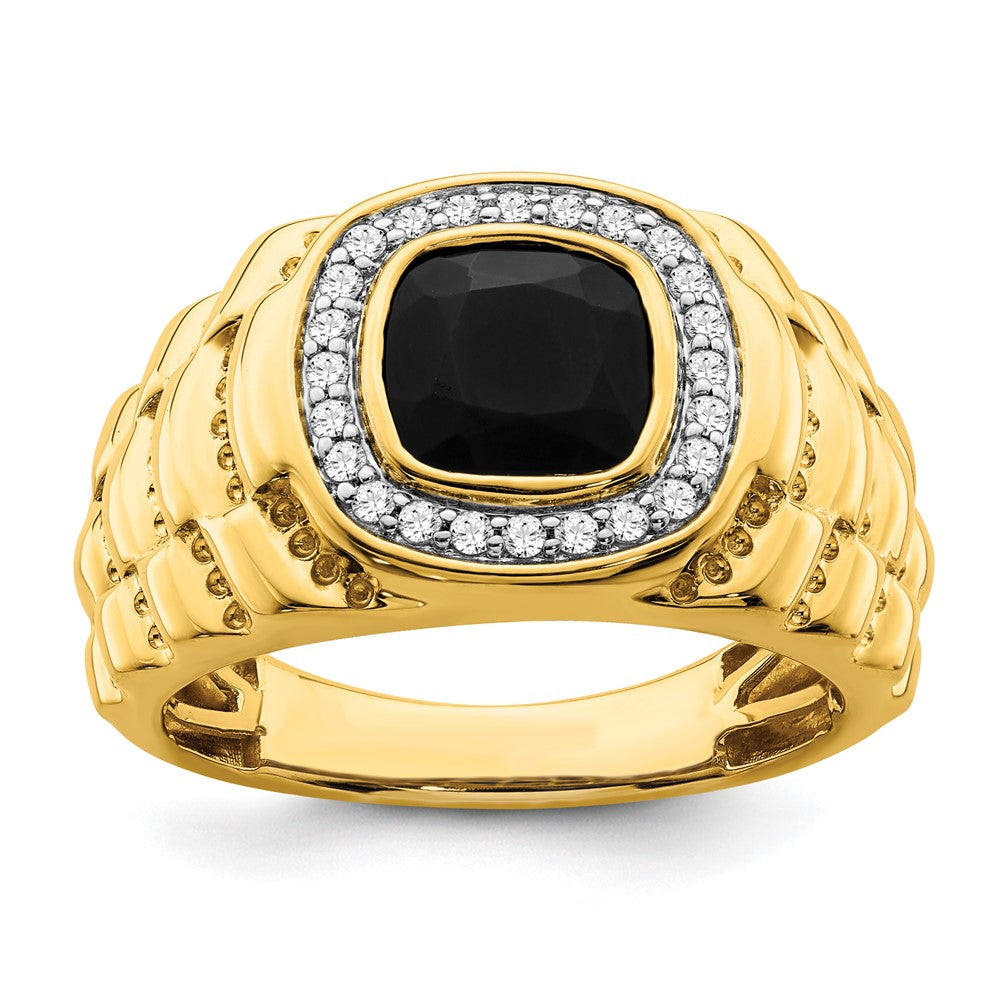 Image of ID 1 14K Yellow Gold Onyx and Real Diamond Textured Mens Ring