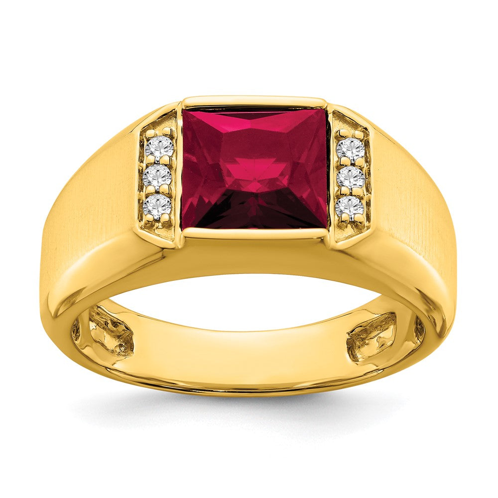 Image of ID 1 14K Yellow Gold Square Created Ruby and Real Diamond Mens Ring