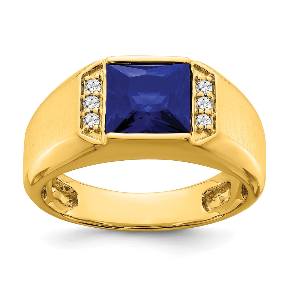 Image of ID 1 14K Yellow Gold Square Created Sapphire and Real Diamond Mens Ring