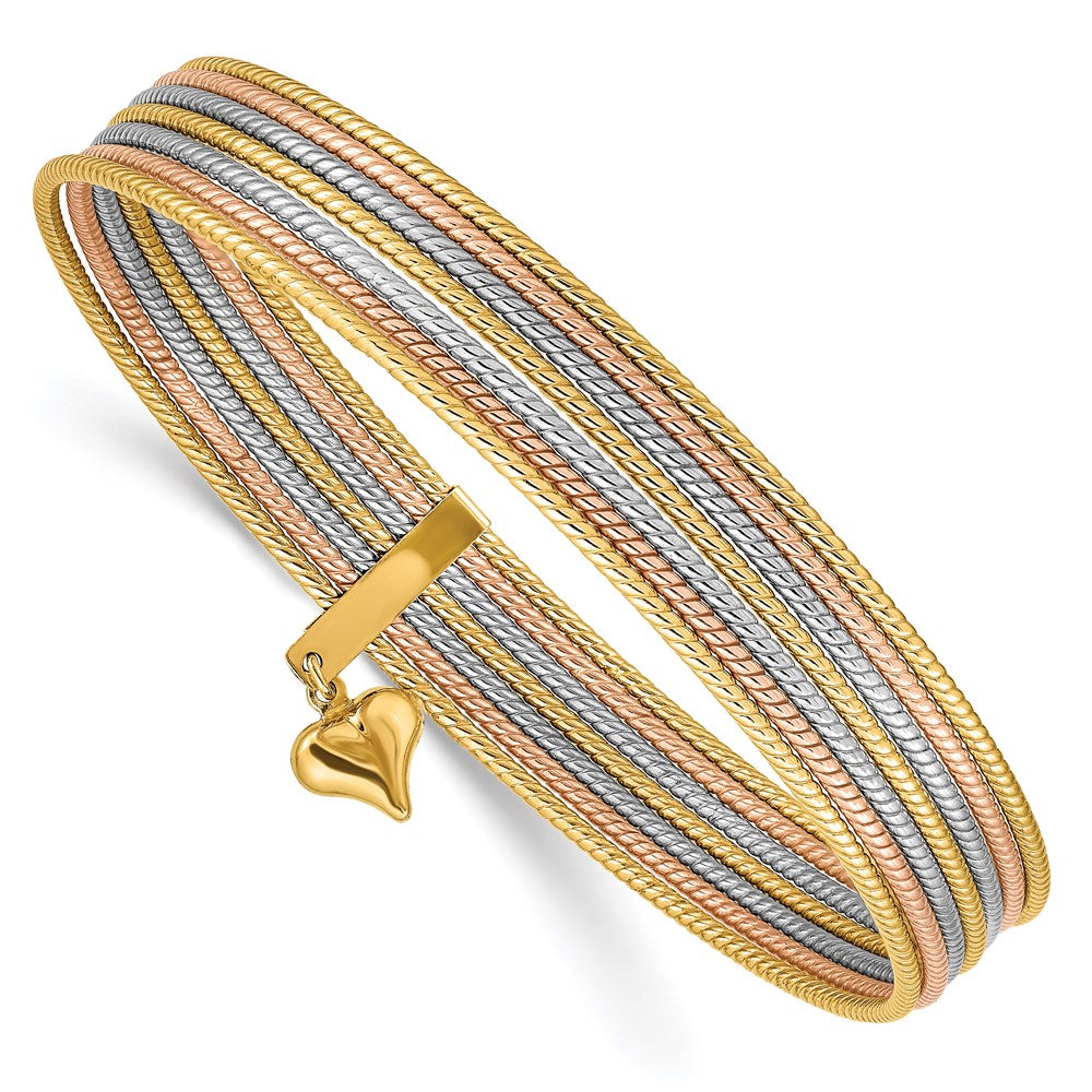 Image of ID 1 14k Tri-Color Gold w/ Dangle Heart Oversized Set of 7 Textured Slip-on Bangles