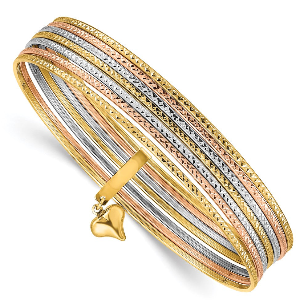 Image of ID 1 14k Tri-Color Gold w/Dangle Heart Tri-Color Gold Oversized Set of 7 Textured Slip-on Bangles