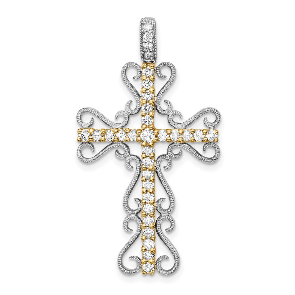 Image of ID 1 14k Two-Tone Gold 5/8ct Real Diamond Filigree Cross Pendant