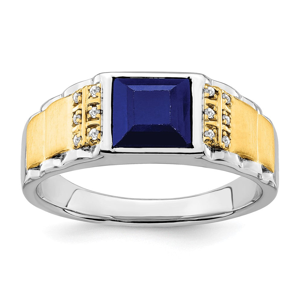 Image of ID 1 14k Two-Tone Gold Created Sapphire and Real Diamond Mens Ring