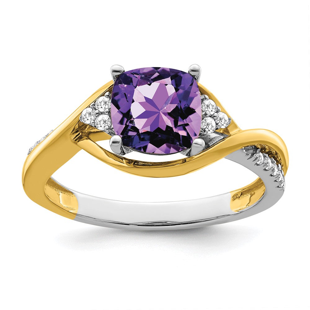 Image of ID 1 14k Two-Tone Gold Cushion Amethyst and Real Diamond Ring