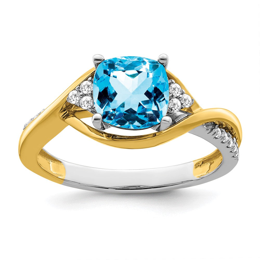 Image of ID 1 14k Two-Tone Gold Cushion Blue Topaz and Real Diamond Ring