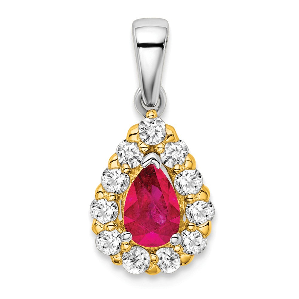 Image of ID 1 14k Two-Tone Gold Pear Ruby and Real Diamond Halo Pendant