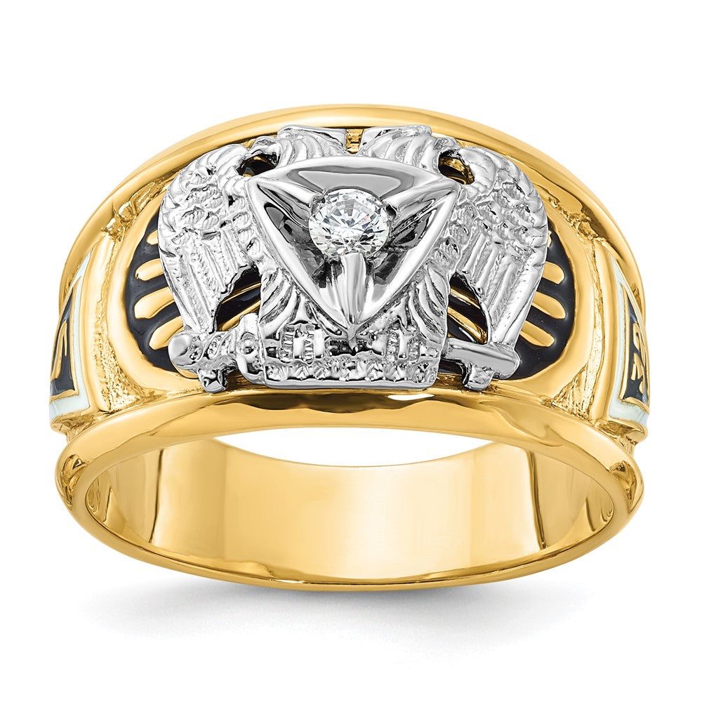 Image of ID 1 14k Two-tone Gold Men's Polished and Textured with Black and White Enameled and Diamond 32nd Degree Scottish Rite Masonic Ring