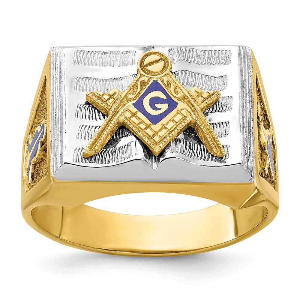 Image of ID 1 14k Two-tone Gold Men's Polished and Textured with Blue Enamel Blue Lodge Master Masonic Ring