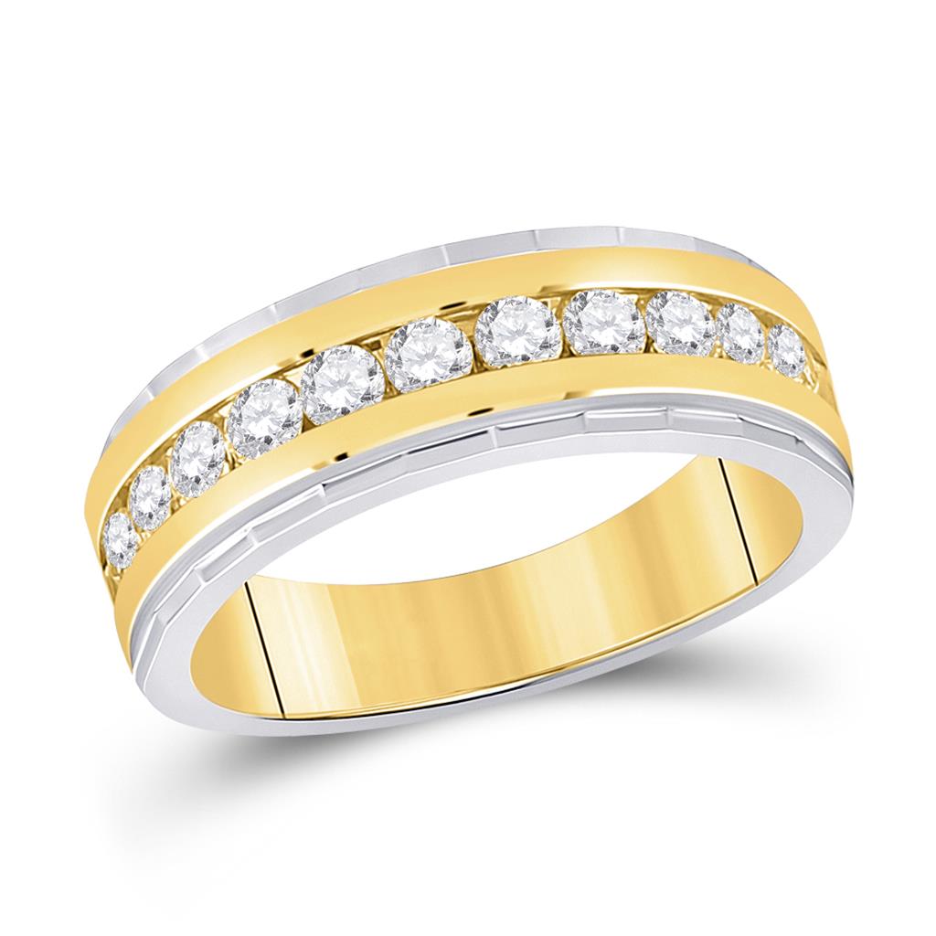 Image of ID 1 14k Two-tone Gold Round Diamond Wedding Machine-Set Band Ring 1 Ctw