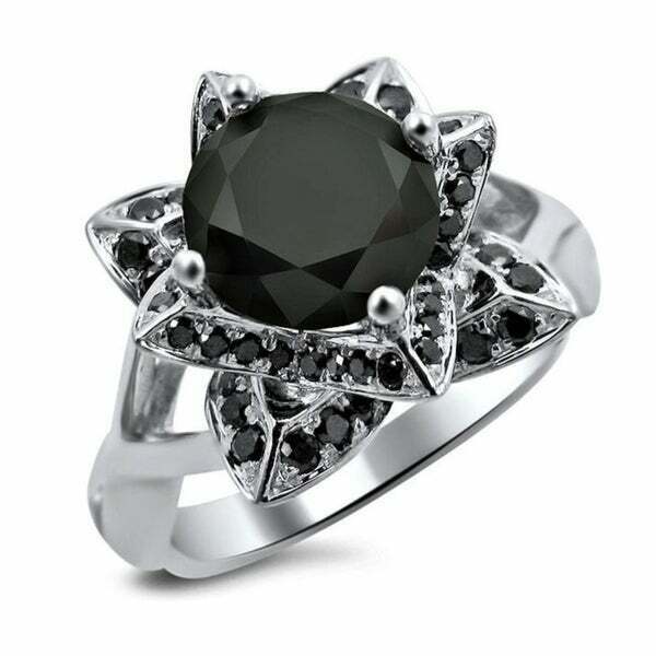Image of ID 1 14k White Gold 3ct TDW Black Diamond Lotus Flower Round Engagement Ring
