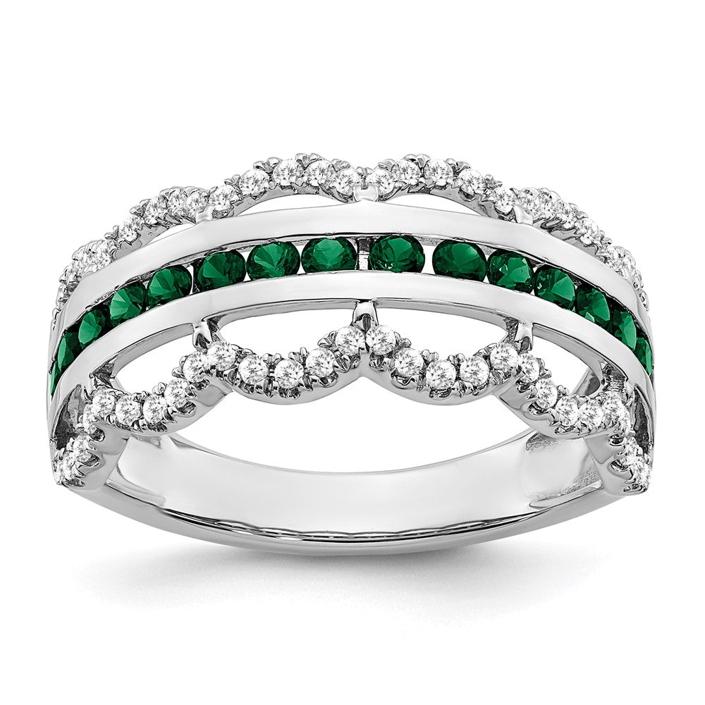 Image of ID 1 14k White Gold Created Emerald and Real Diamond Scallop Ring