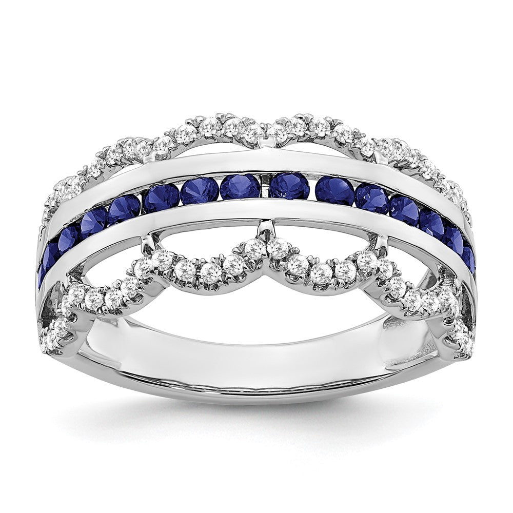 Image of ID 1 14k White Gold Created Sapphire and Real Diamond Scallop Ring