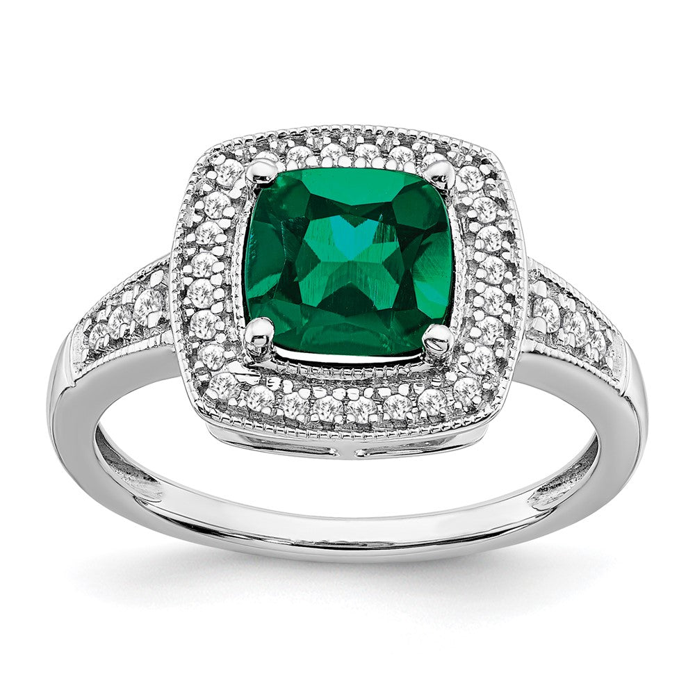Image of ID 1 14k White Gold Cushion Created Emerald and Real Diamond Halo Ring