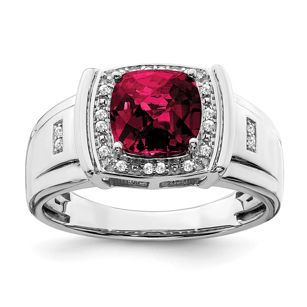 Image of ID 1 14k White Gold Cushion Created Ruby and Real Diamond Mens Ring