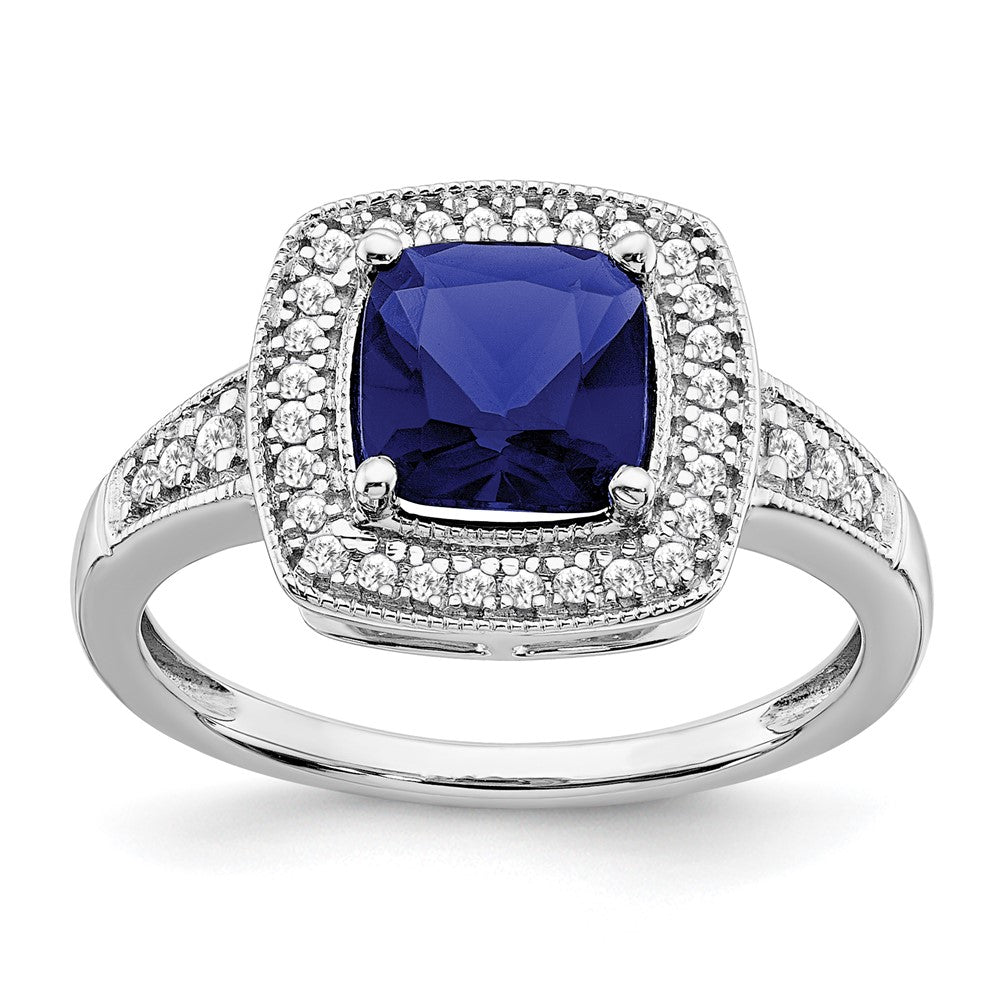 Image of ID 1 14k White Gold Cushion Created Sapphire and Real Diamond Halo Ring