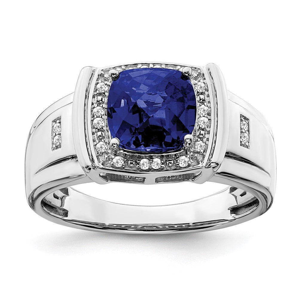 Image of ID 1 14k White Gold Cushion Created Sapphire and Real Diamond Mens Ring