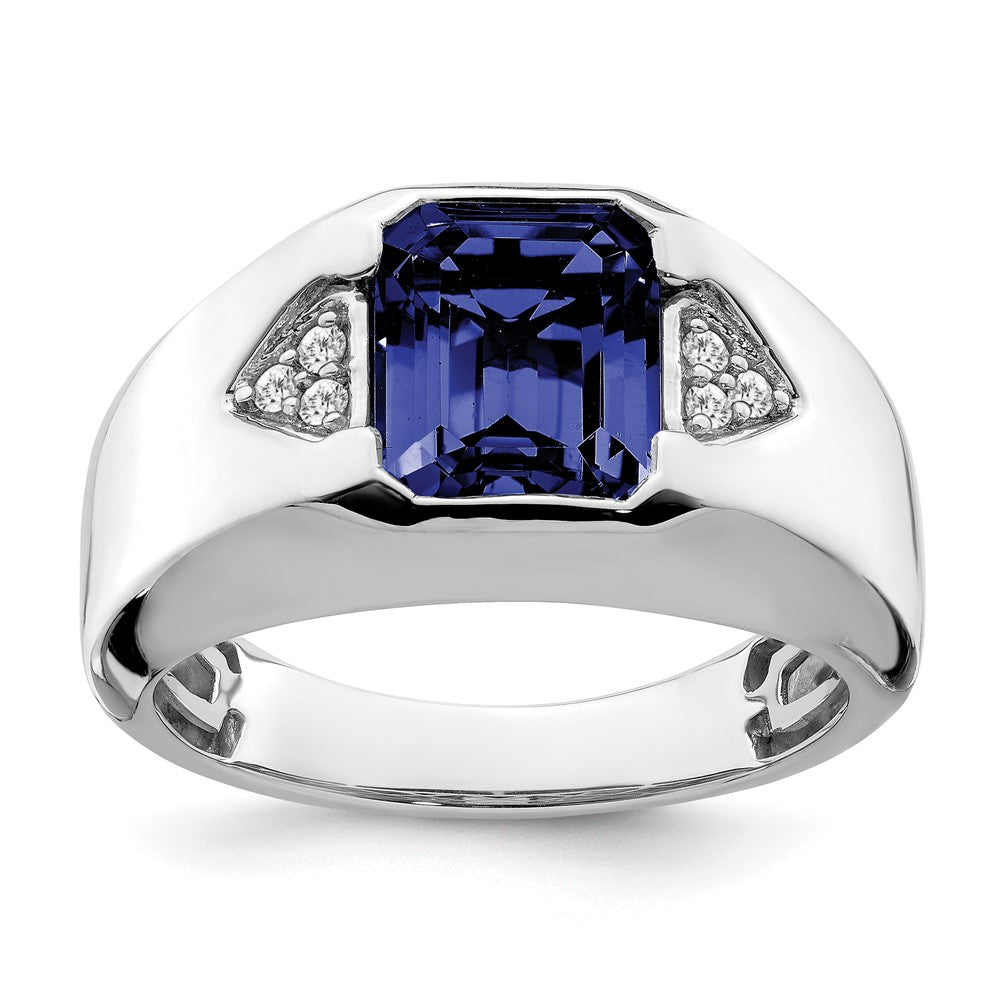 Image of ID 1 14k White Gold Emerald-cut Created Sapphire and Real Diamond Mens Ring