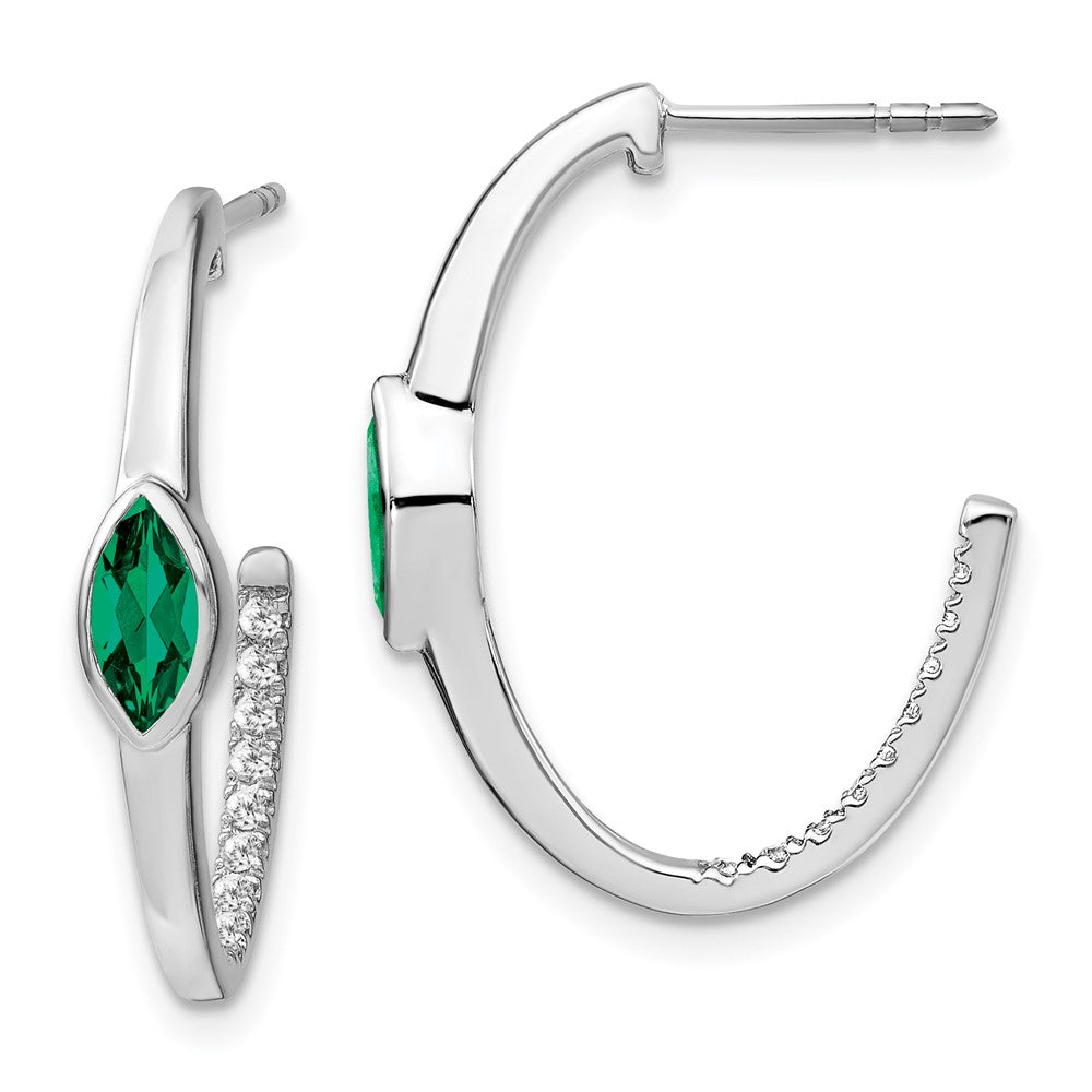 Image of ID 1 14k White Gold Marquise Created Emerald/Real Diamond J-hoop Earrings