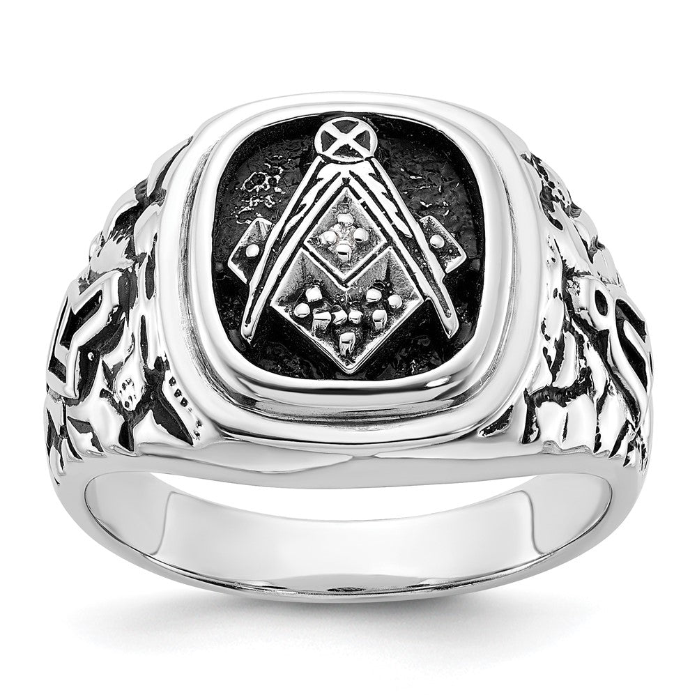 Image of ID 1 14k White Gold Mens Polished and Textured with Black Enamel and AA Quality Diamonds Masonic Ring