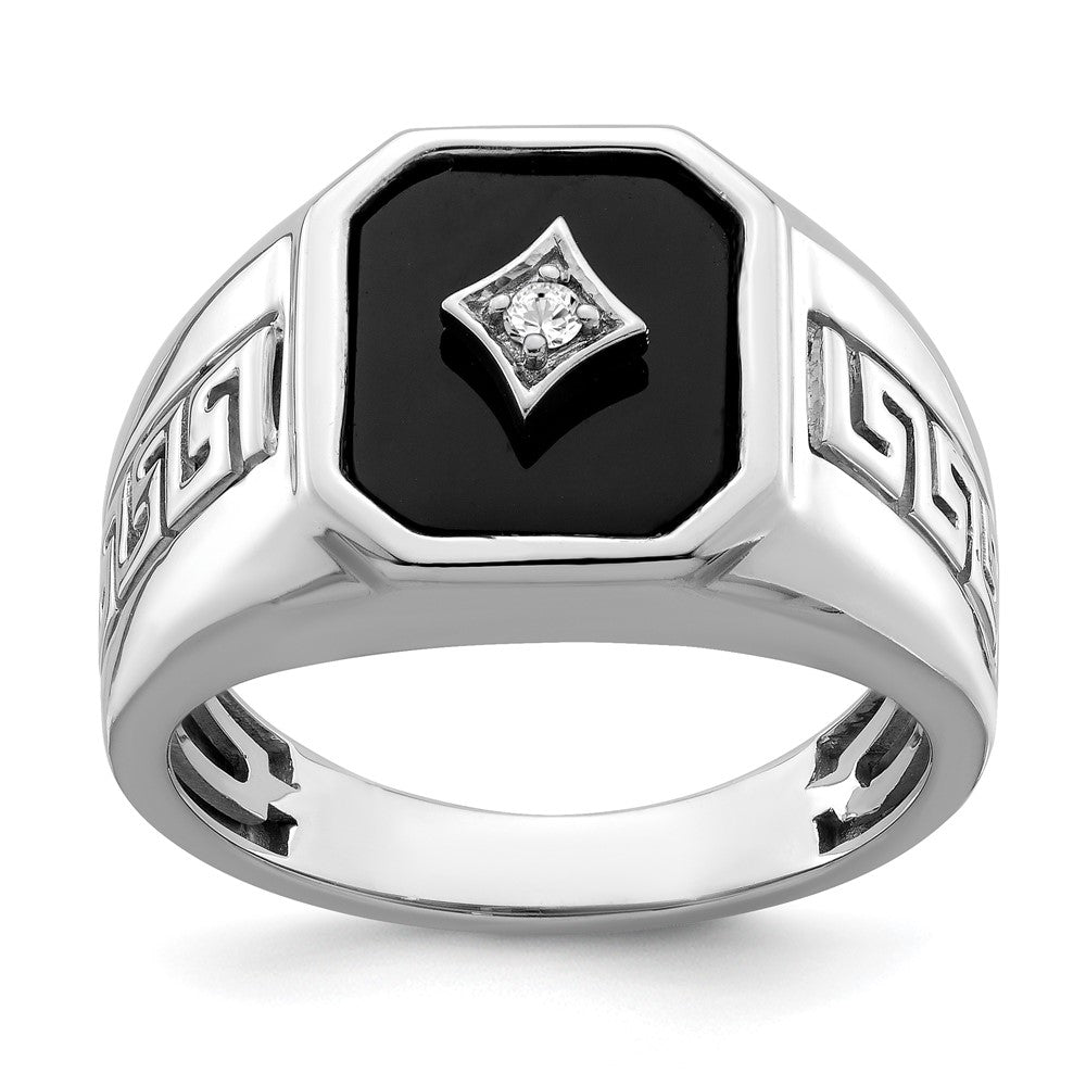 Image of ID 1 14k White Gold Onyx and Real Diamond Greek Key Design Mens Ring