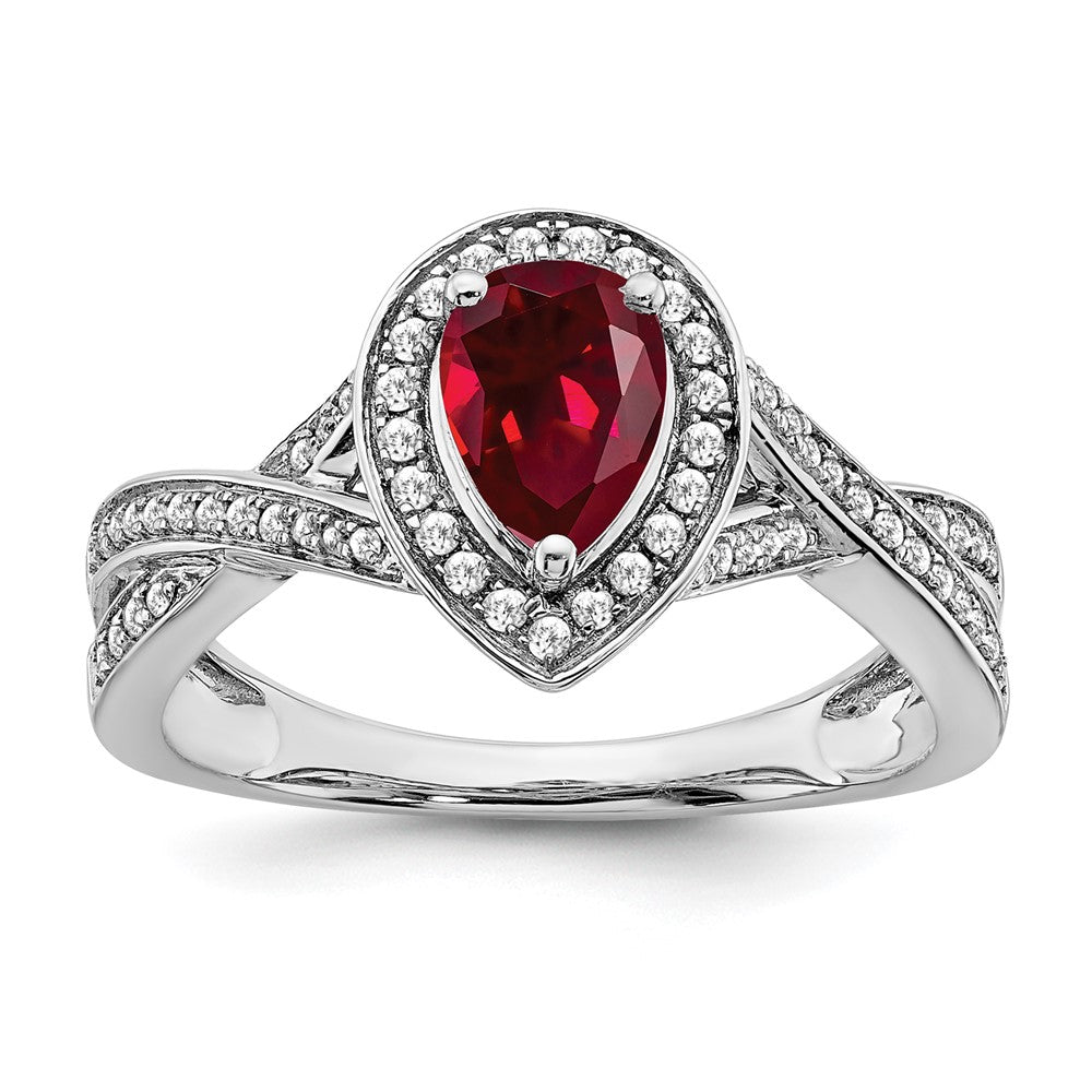 Image of ID 1 14k White Gold Pear Created Ruby and Real Diamond Halo Ring