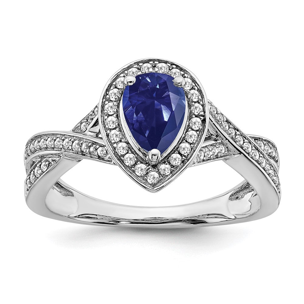 Image of ID 1 14k White Gold Pear Created Sapphire and Real Diamond Halo Ring