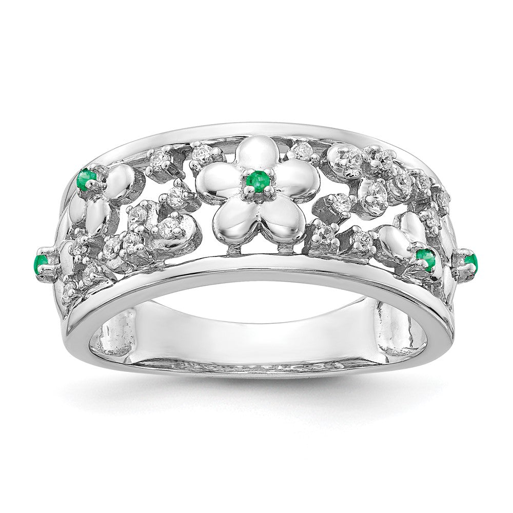 Image of ID 1 14k White Gold Real Diamond and Emerald Flower Ring