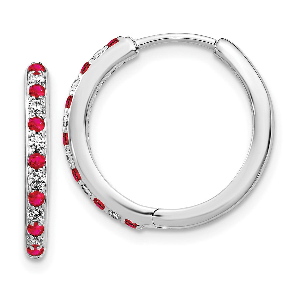 Image of ID 1 14k White Gold Real Diamond and Ruby Hinged Hoop Earrings