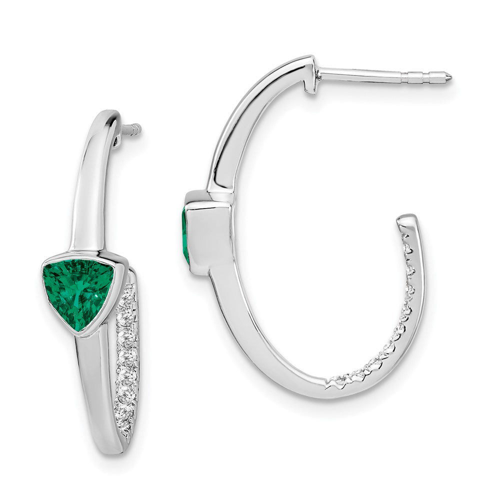 Image of ID 1 14k White Gold Trillion Created Emerald/Real Diamond J-hoop Earrings