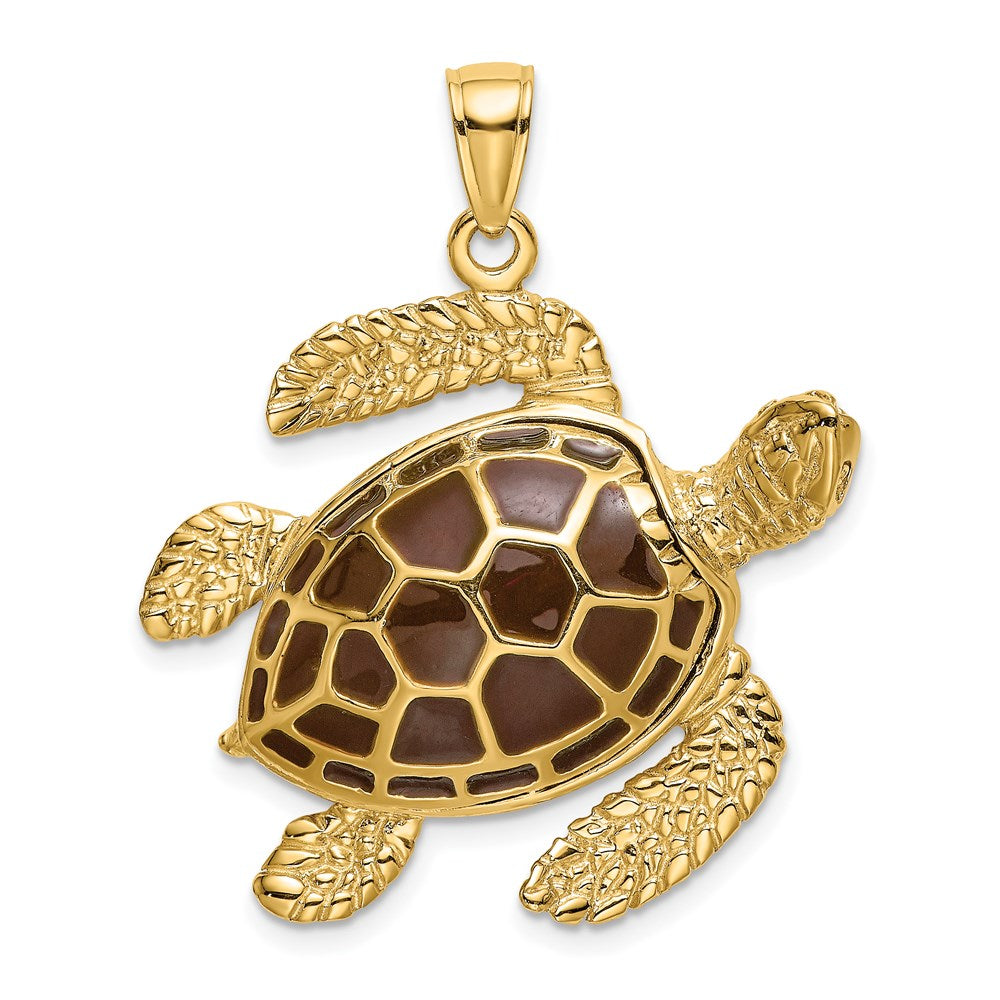 Image of ID 1 14k Yellow Gold 3-D Brown Enamel Large Sea Turtle Charm