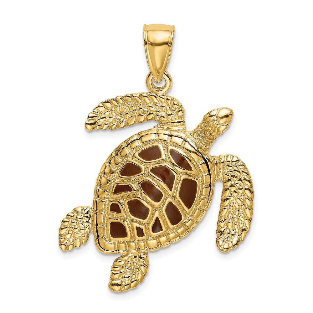 Image of ID 1 14k Yellow Gold 3-D Brown Enamel Textured Sea Turtle Charm