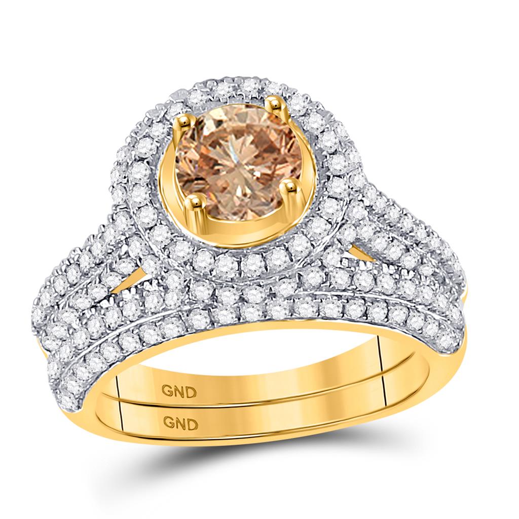Image of ID 1 14k Yellow Gold Brown Diamond Halo Bridal Wedding Ring Set 2 Cttw