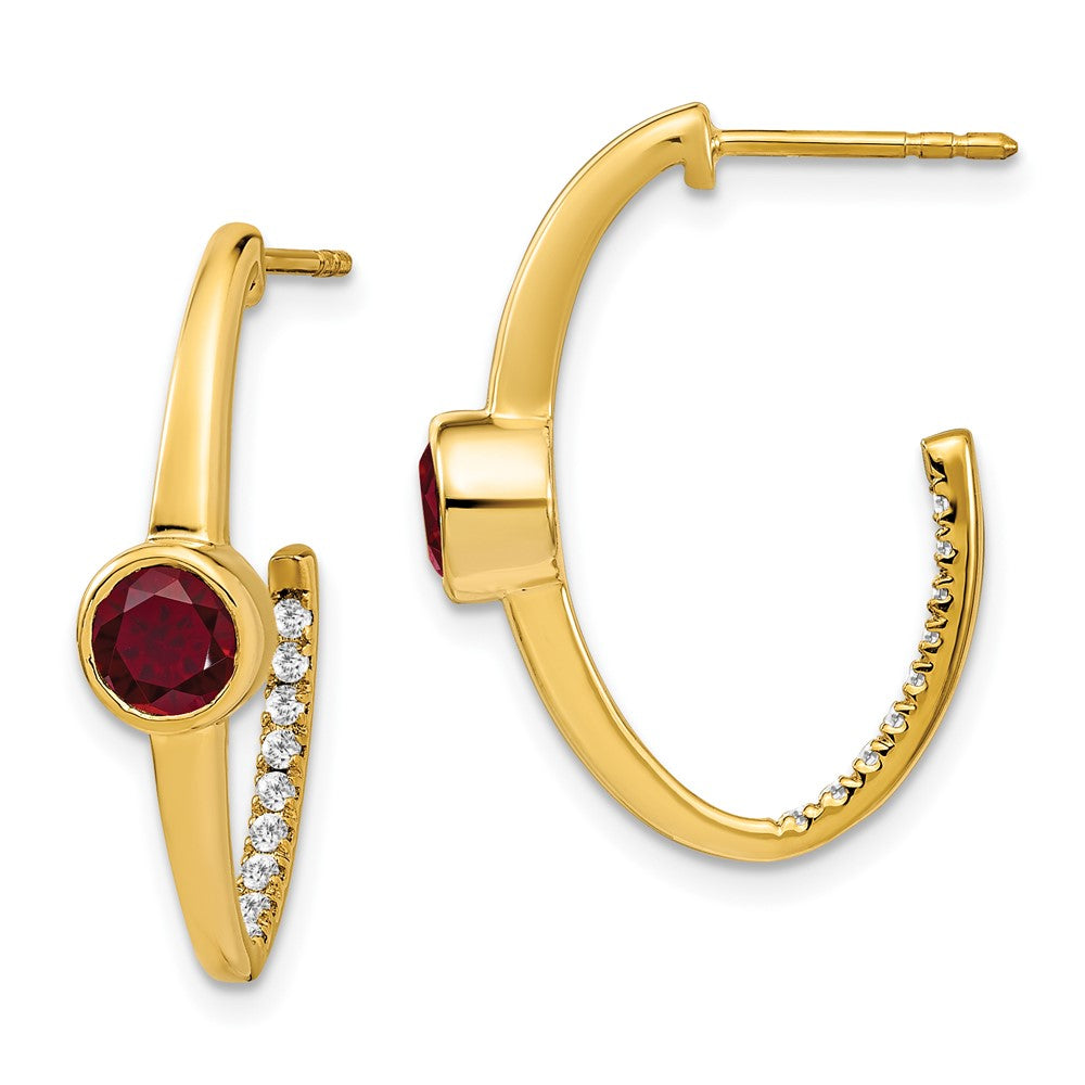 Image of ID 1 14k Yellow Gold Created Ruby and Real Diamond J-Hoop Earrings