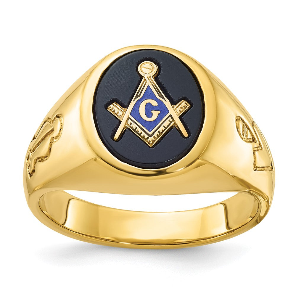 Image of ID 1 14k Yellow Gold Men's Polished and Grooved with Oval Onyx Blue Lodge Master Masonic Ring