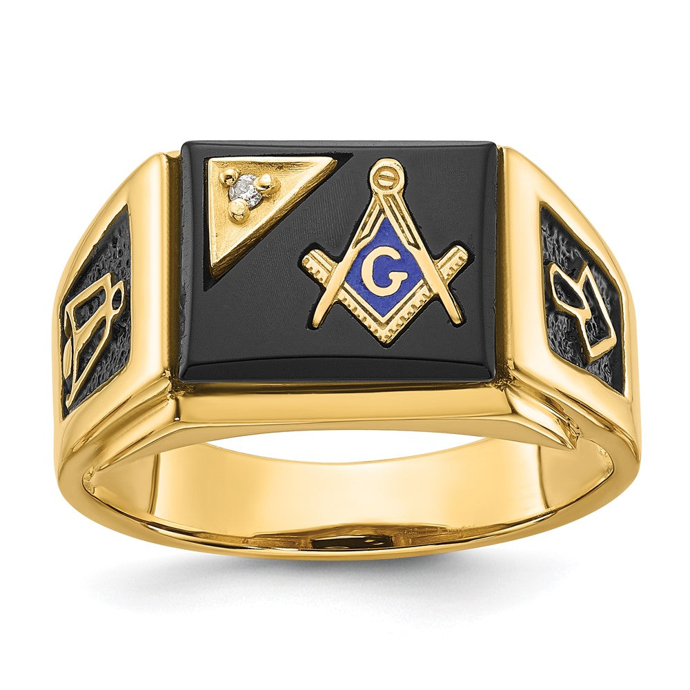 Image of ID 1 14k Yellow Gold Mens Polished and Textured with Black Enamel Onyx and AA Quality Diamond Masonic Ring