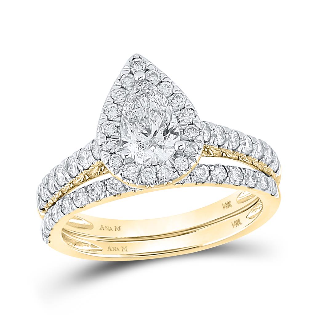 Image of ID 1 14k Yellow Gold Pear Diamond Halo Bridal Wedding Ring Set 1-1/2 Cttw (Certified)