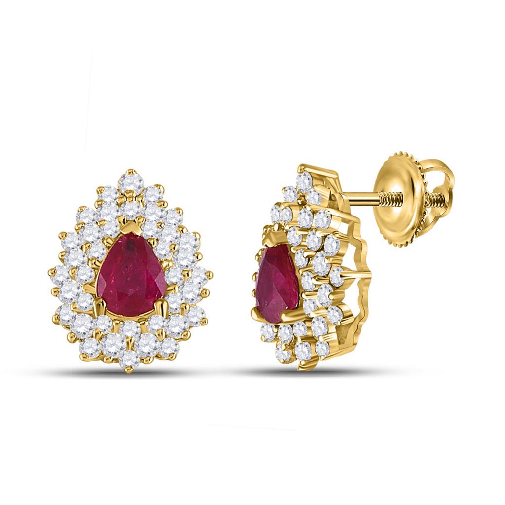 Image of ID 1 14k Yellow Gold Pear Ruby Diamond Cluster Earrings 1-1/2 Cttw