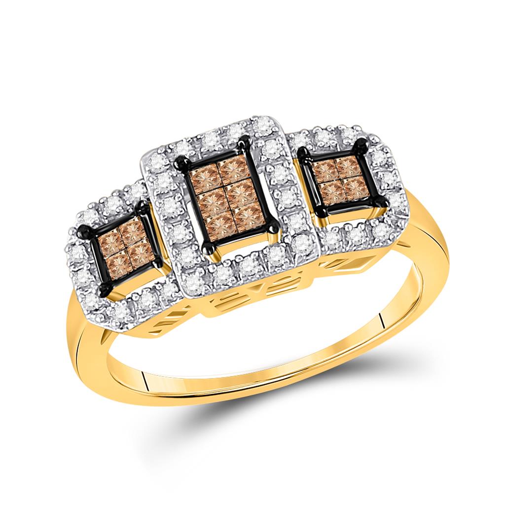 Image of ID 1 14k Yellow Gold Princess Brown Diamond Triple Cluster Ring 3/8 Cttw