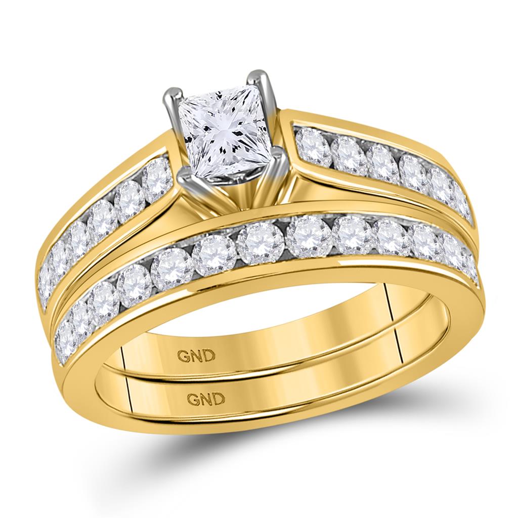 Image of ID 1 14k Yellow Gold Princess Diamond Bridal Wedding Ring Set 1-1/2 Ctw (Certified)